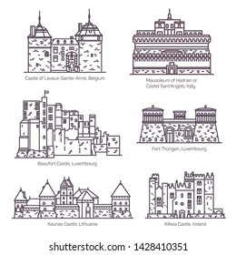 Medieval european castles and fortin thin line. Lavaux Sainte Anne, Mausoleum Hadrian or Castel Sant Angelo, Beaufort, Thungen, Kaunas, Kilkea. Italy, Belgia, Ireland, Lithuania architecture monuments