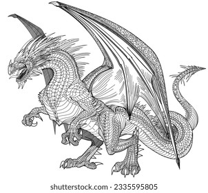 a medieval European dragon standing on its hind legs, angry with open jaws ready to attack, full body,side view. Black and white graphic style vector illustration