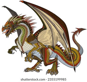 a medieval European dragon standing on its hind legs, angry with open jaws ready to attack, full body,side view, isolated on white background..Graphic style vector illustration