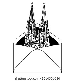 Medieval European Gothic cathedral inside paper envelope. Cologne Cathedral (Kölner Dom). Hand drawn linear ink sketch. Black and white silhouette. Creative architectural concept.