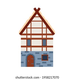 Medieval european house facade, flat vector illustration isolated on white background. Ancient middle ages architecture old town building sign or symbol.