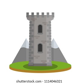 Medieval European knight tower. Stone building of  castle. the Fort strengthened. invulnerable building. tourist attraction. part of old town. grey mountain on background - Cartoon flat illustration