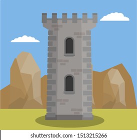 Medieval European knight tower. Stone building of castle. invulnerable building. tourist attraction. part of old town. Brown mountain on background - Cartoon flat illustration. Fort strengthened
