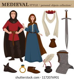 Medieval European old retro fashion style of man knight and woman clothes garments and personal accessories.