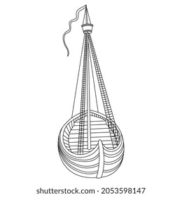 Medieval European sailing boat or ship. Black and white linear silhouette.