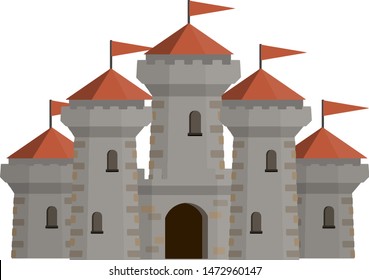 Medieval European stone castle. Knight's fortress. Military building with walls, gates and tower. Concept of security, protection and defense. Cartoon flat illustration
