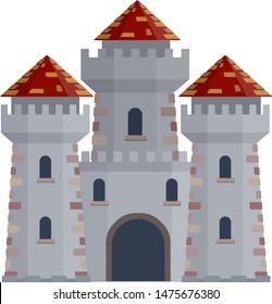 Medieval European stone castle. Knight's fortress. concept of security, protection and defense. Military building with walls, gates and tower. Cartoon flat illustration