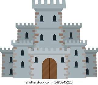 Medieval European stone castle. Knight's fortress. Concept of security, protection and defense. Military building with walls, gates and big tower