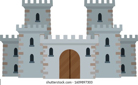 Medieval European stone castle. Knight's fortress. Concept of security, protection and defense. Military building with walls, gates and big tower. Cartoon flat illustration