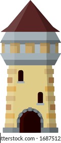 Medieval European stone castle. Knight's fortress. Concept of security, protection and defense. Cartoon flat illustration. Military building with walls, gates and big tower.