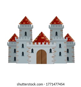 Medieval European stone castle. Knight's fortress. Concept of security, protection and defense. Cartoon flat illustration. Military building with walls, gates and big tower.