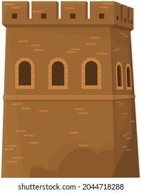 Medieval European stone castle. Knight's fortress. Ancient structure for protection and defense. Military defensive building with high walls, windows, gates and tower. Fortress or castle in old town