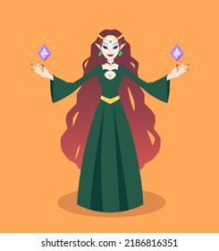 Medieval Evil Witch In Green Long Dress, Isolated Fantasy Character. Flat Illustration Of Villain Stepmother Sorceress With Crystals. Vector Illustration EPS 10