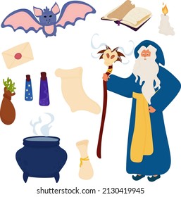 Medieval evil wizard - sorcerer and his magic tools