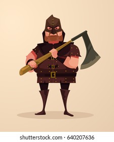 Medieval executioner angry man character hold ax. Vector flat cartoon illustration