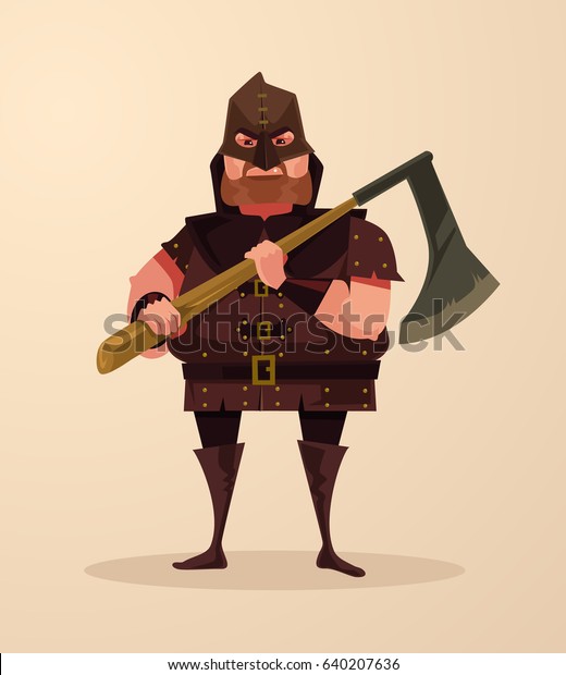 Medieval executioner angry man character\
hold ax. Vector flat cartoon\
illustration