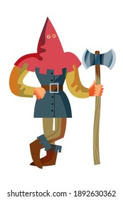 Medieval executioner with axe character. Hangman standing with weapon in Middle Ages period vector illustration. Man in hood clothing ready to execute isolated on white background.