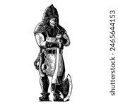 Medieval executioner with axe and shackles. Vector black vintage engraving illustration isolated on a white background. For poster and book