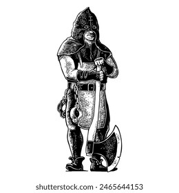 Medieval executioner with axe and shackles. Vector black vintage engraving illustration isolated on a white background. For poster and book