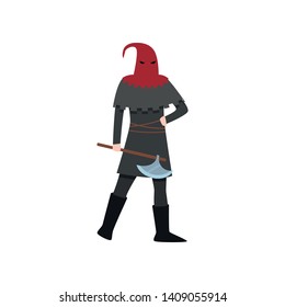 Medieval executioner man with red headwear and steel axe
