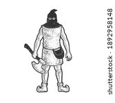 medieval executioner sketch engraving vector illustration. T-shirt apparel print design. Scratch board imitation. Black and white hand drawn image.