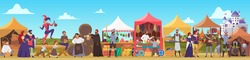 Medieval Fair Vector Illustration. Cartoon Flat Middle Ages Or Fairy Tale Fair Market With Lady And Sir Characters Standing In Costumes Of Feudal Lords, Jester Dancing, Priest Drinking Beer Background