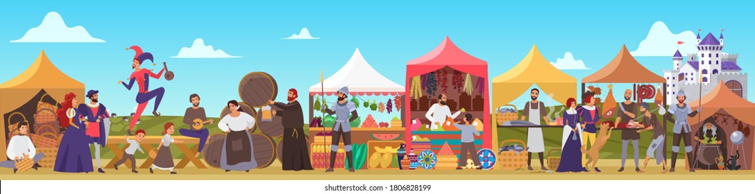 Medieval fair vector illustration. Cartoon flat middle ages or fairy tale fair market with lady and sir characters standing in costumes of feudal lords, jester dancing, priest drinking beer background
