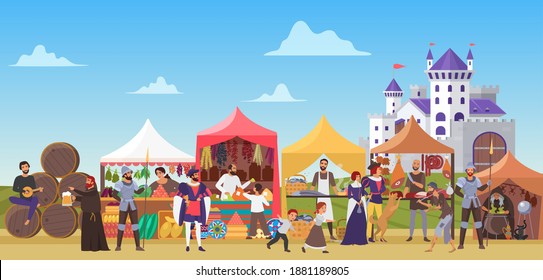 Medieval fair vector illustration. Cartoon flat middle ages or fairy tale fair market with lady and sir characters standing in costumes of feudal lords, jester dancing, priest drinking beer background