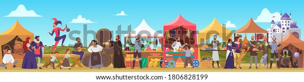 Medieval fair vector illustration. Cartoon\
flat middle ages or fairy tale fair market with lady and sir\
characters standing in costumes of feudal lords, jester dancing,\
priest drinking beer\
background