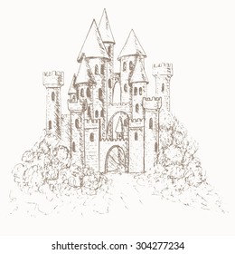 Medieval fairy castle sketch. Vector illustration.