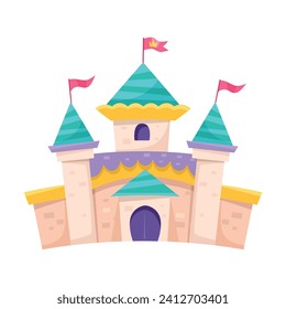 Medieval Fairy Castle with Towers and Flags Vector Illustration