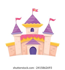 Medieval Fairy Castle with Towers and Flags Vector Illustration