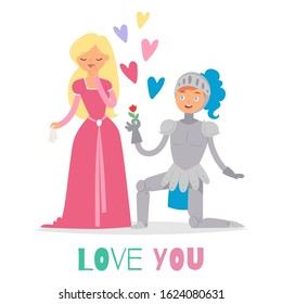 Medieval fairy love tale knight and princess vector cartoon characters illustration. Fantasy knight on knee with flower and hearts and beautiful princess lady in dress. Love you quote.