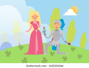 Medieval fairy love tale knight and princess vector cartoon characters illustration. Fantasy knight on knee with flower and beautiful princess lady in dress. Knightly love and behavior.