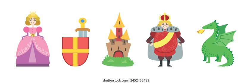 Vector Conjunto de personajes y atributos de cuento de hadas medieval