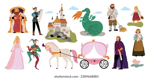 Medieval fairy tale. Fabulous characters and objects. Royal family and castle. Fantastic dragon. Peasants and court jester. Horse carriage for princess. Garish vector