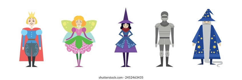 Medieval Fairy Tale Funny Character with Wizard, Prince and Knight Vector Set