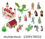 Medieval fairy tale isometric set with royal castle knights priest witch and dragon isolated vector illustration