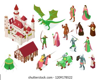 Cuento medieval de hadas conjunto isométrico con caballeros reales del castillo caballero bruja sacerdote y dragón ilustraciones vectoriales aisladas