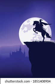 medieval fairy tale knight riding rearing up horse on cliff top against full moon - vector night scene with fantasy castle outline