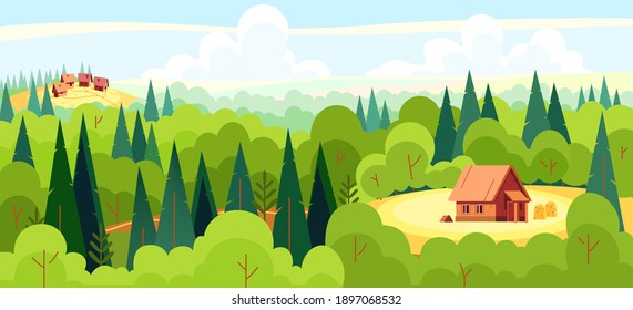 Medieval fairy tale magical landscape panorama with a village and a fairy tale character's house in the middle of a deep forest. Cartoon flat style vector illustration.