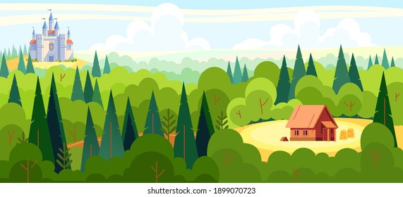 Medieval fairy tale magical landscape panorama with a castle and the house of a fairy tale character in the middle of the forest. Cartoon flat style vector illustration.