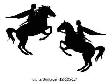 medieval fairy tale prince riding horse reaing up - fantasy hero rider black vector silhouette set