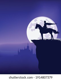 medieval fairy tale prince riding horse on cliff top against full moon - vector night scene with fantasy castle outline