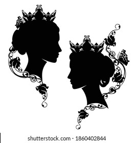 medieval fairy tale queen or princess with rose flowers and butterfly black and white vector silhouette portrait