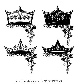 medieval fairy tale royal crown and rose flower stems black and white vector outline design set