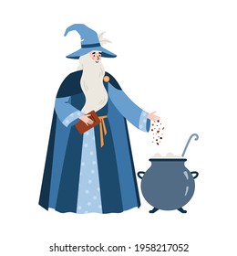 Medieval fairy tale wizard or sorcerer brewing magic potion in pot, flat vector illustration isolated on white background. Magician or alchemist from middle ages tales.
