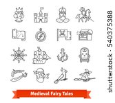 Medieval fairy tales. Thin line art icons set. Adventure book, fantasy board game, pirate saga movie. Linear style symbols isolated on white.