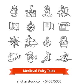 Medieval Fairy Tales. Thin Line Art Icons Set. Adventure Book, Fantasy Board Game, Pirate Saga Movie. Linear Style Symbols Isolated On White.