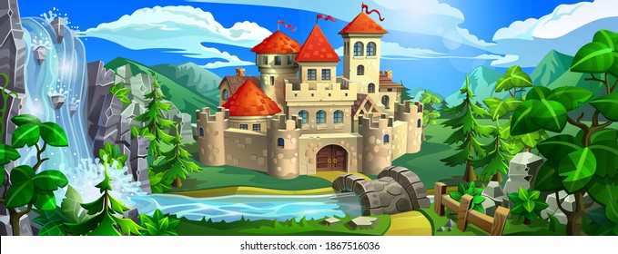 Medieval fairytale castle with red roofs, stone walls and towers. The castle stands among green hills, mountains, near a river and a waterfall.